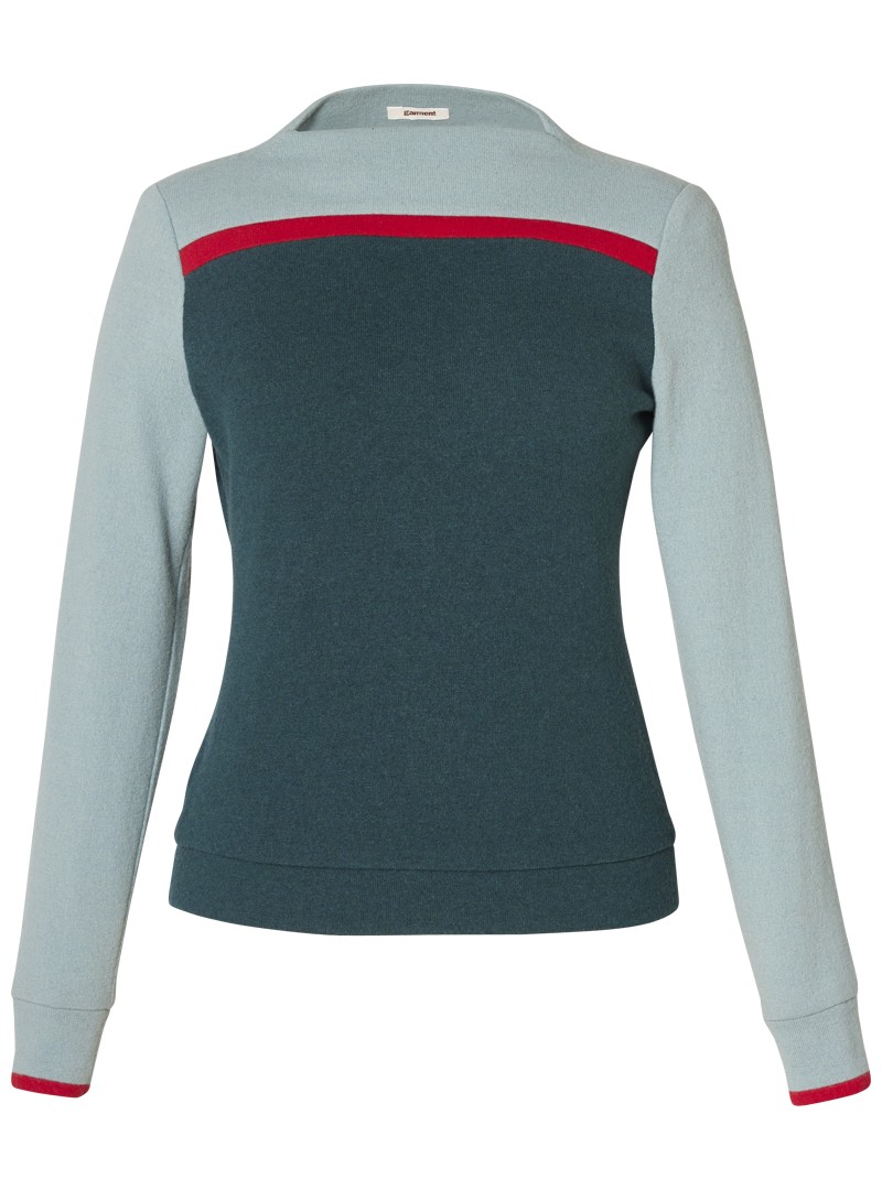 strickpullover modell: fanny triple duck egg-teal-scarlet red