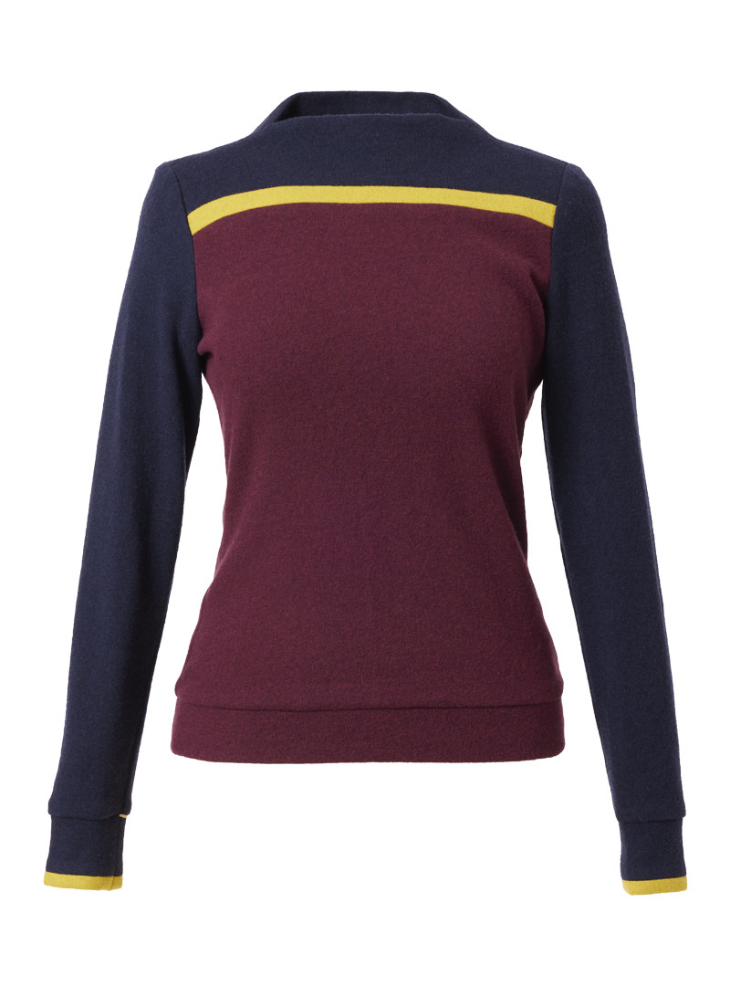strickpullover modell: fanny portwine-navy-brass