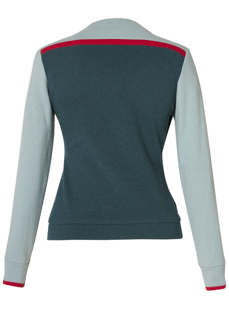 strickpullover modell: fanny triple duck egg-teal-scarlet red